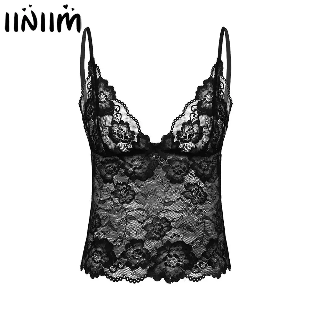 

iiniim Mens Male See Through Sheer Lace Sissy Bra Vest Tops Lingerie Spaghetti Straps Weeding Night Camisole Vest Crop Top