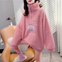 Women Fleece Pink Sweet Hoodie Korean Autumn Winter Fashion 2022 Ladies Pullovers Faux Lamb Fur Sweatshirt White Orange