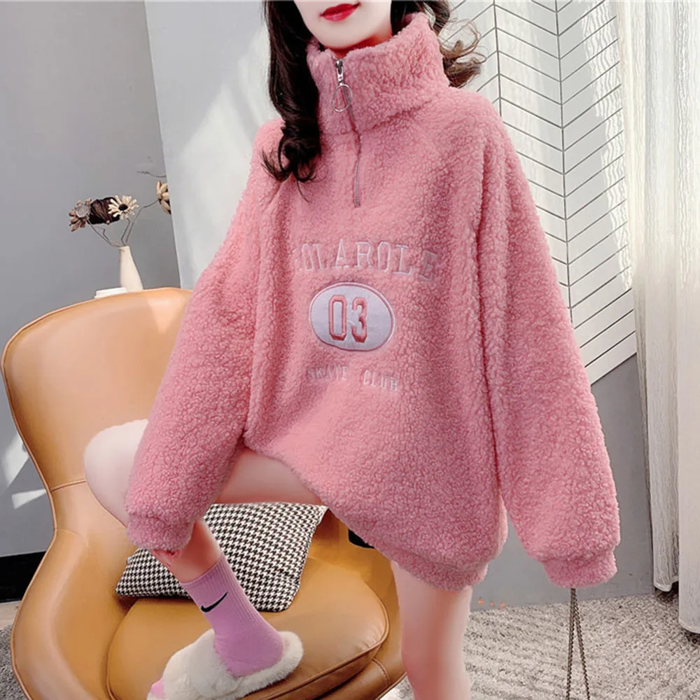  Women Fleece Pink Sweet Hoodie Korean Autumn Winter Fashion 2022 Ladies Pullovers Faux Lamb Fur Sweatshirt White Orange