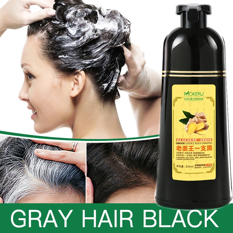 Mokeru 1pc 500ml Fast Black Color Dye Organic Ginger Hair Black Dye Shampoo for Women Anti Gray Hair 5 Mins Permanent Dye Black