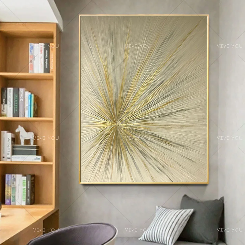 Neutral Gold Burst Texture Thick Oil Painting On Canvas, Luxury Artwork Handpainted Living Room Wall Decor