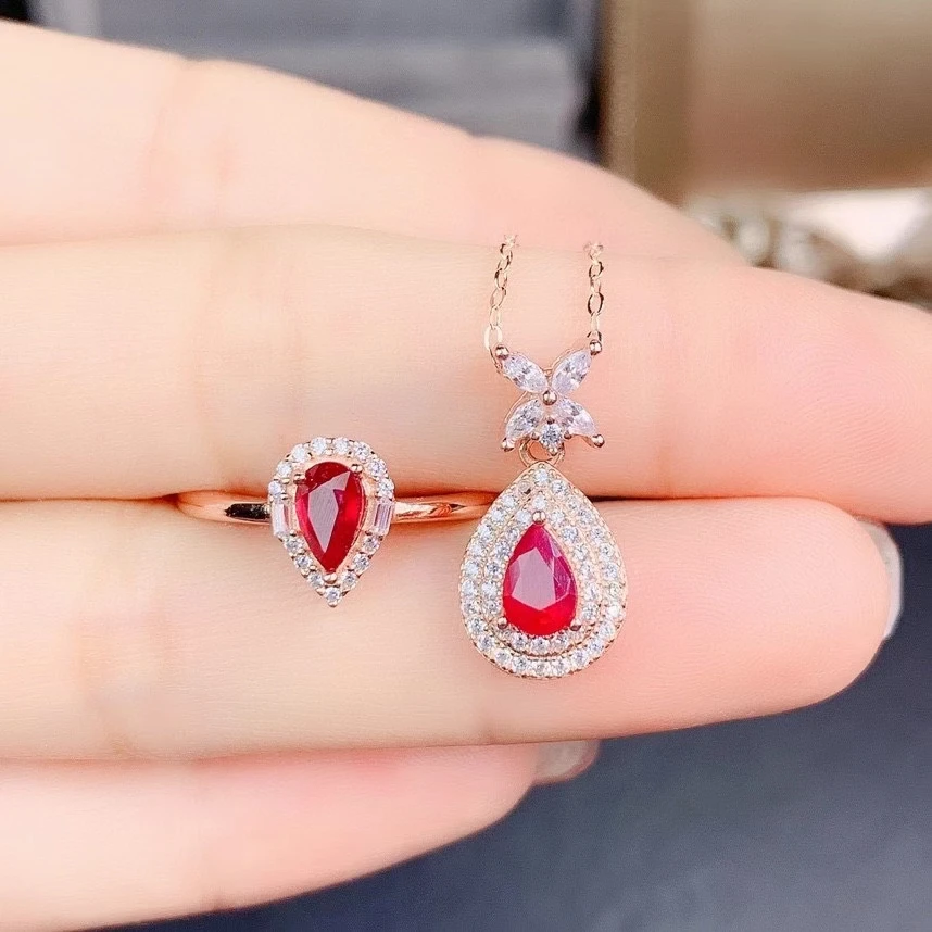 KJJEAXCMY Fine Jewelry 925 Sterling Silver Inlaid Natural ruby women's trendy fashion water drop Ring Pendant suit Support detec