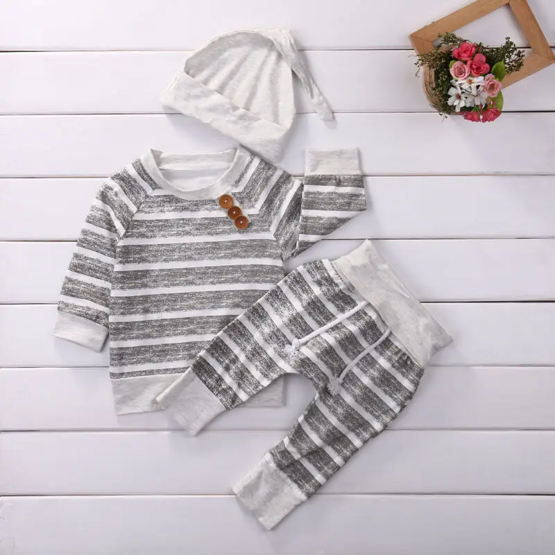 CANIS 3pcs Newborn Baby Boy Girls Kids Infant Long Sleeve Striped tops pants Lovely Hat 3pcs Outfits Set Clothing