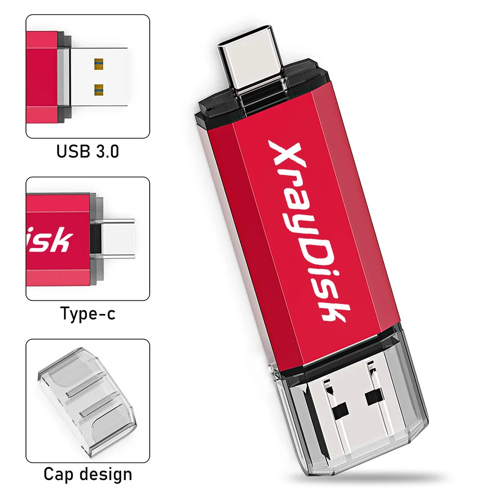 Xraydisk Usb C Type C Flash Drive 32GB 64GB 128GB 256GB 2 In 1 Otg USB3.0 Thumb Drive Memory Stick with External Storage Data