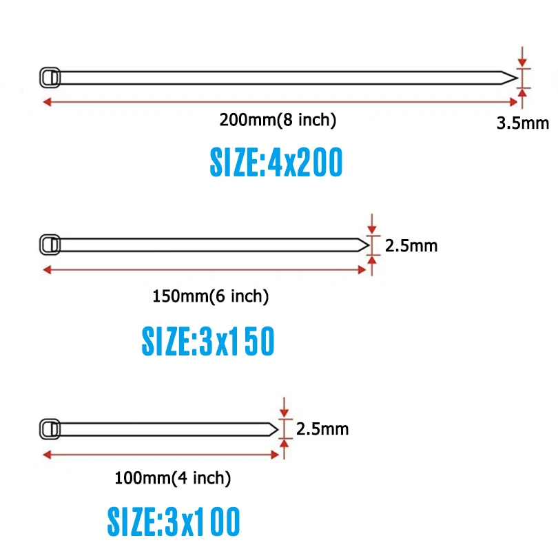 300 Stück/100 Stück Schwarz-Weiße Selbstsichernde Nylon-Kabelbinder Kunststoff-Kabelbinder für Innen- und Außenbereich Mehrzweck 3x100 3x150 4x200 – Detail 5