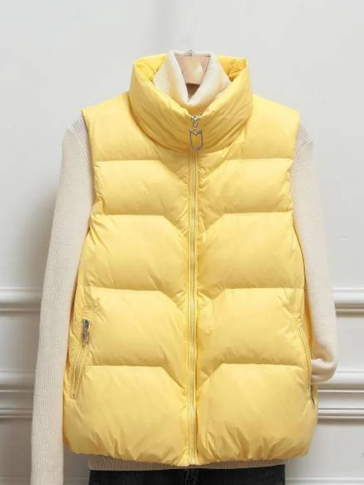 2021 الخريف الشتاء سترة المرأة الأبيض بطة أسفل WarmWoman صدرية عادية الوقوف طوق جاكيت بلا إكمام سترة