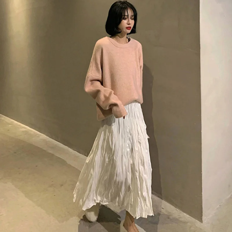 2022 Autumn Winter Wrinkled Black Pleated Skirt Women Korean Style Casual High Waisted A-Line Long Skirts Midi falda plisada