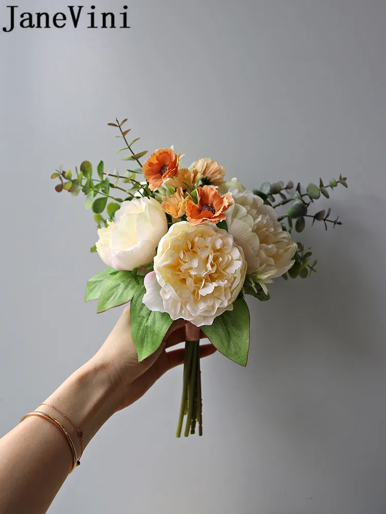 JaneVini Champagne Peonies Bridemaid Flower Small Wedding Bouquet for Bride Flower Girls Ramo Peonias Artificial Brooch Bouquets