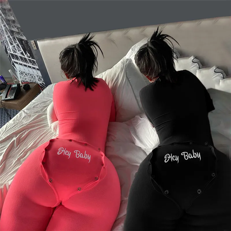 2020 Nieuwe V-hals Knoppen Sexy Rompertjes Vrouwen Lange Mouw Jumpsuits Lente Herfst Brief Borduurwerk Nachtkleding Back Flap Homewear