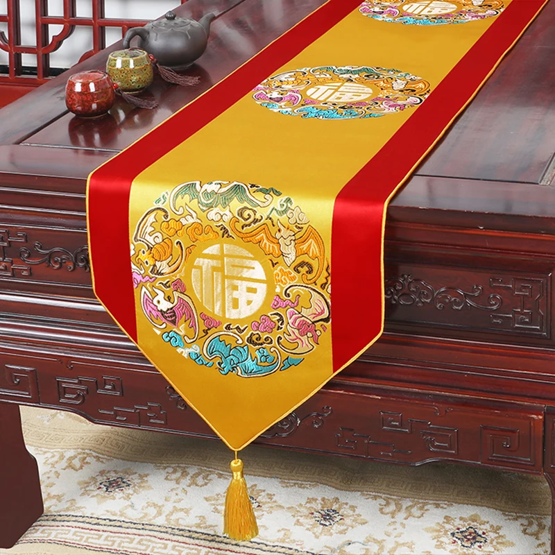 

Elegant Bamboo Pattern Silk Satin Table Runner Dining Table Decor Mat Luxury Patchwork Tea Tablecloth Chinese Xmas Runners