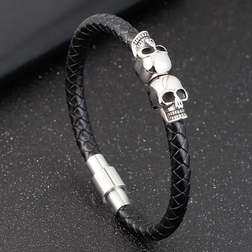 Hyperbole masculino jóias preto trançado pulseiras de couro aço inoxidável leahter pulseiras legal crânio pulseiras masculino pulseira