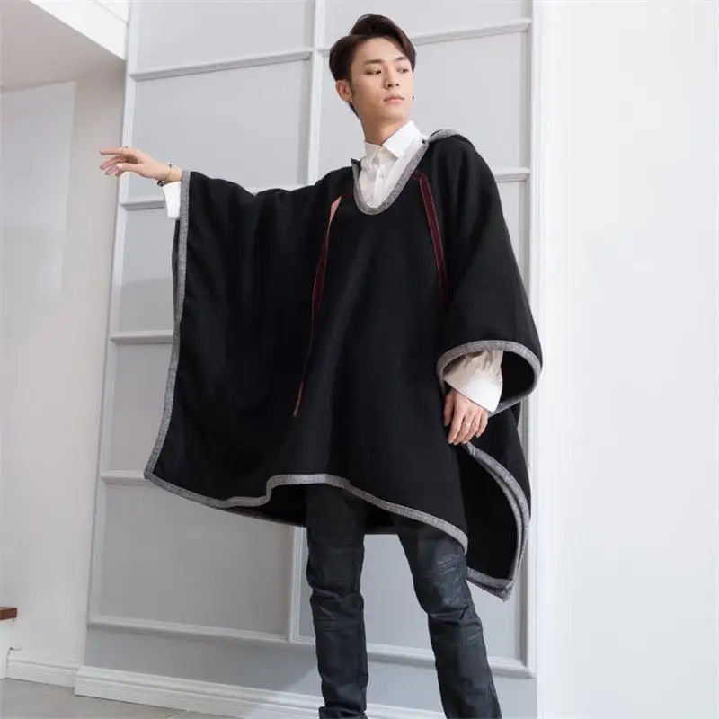 

Men's coat fall/Winter new trend men's medium length loose hooded wool coat men's bat suede coat cape trend