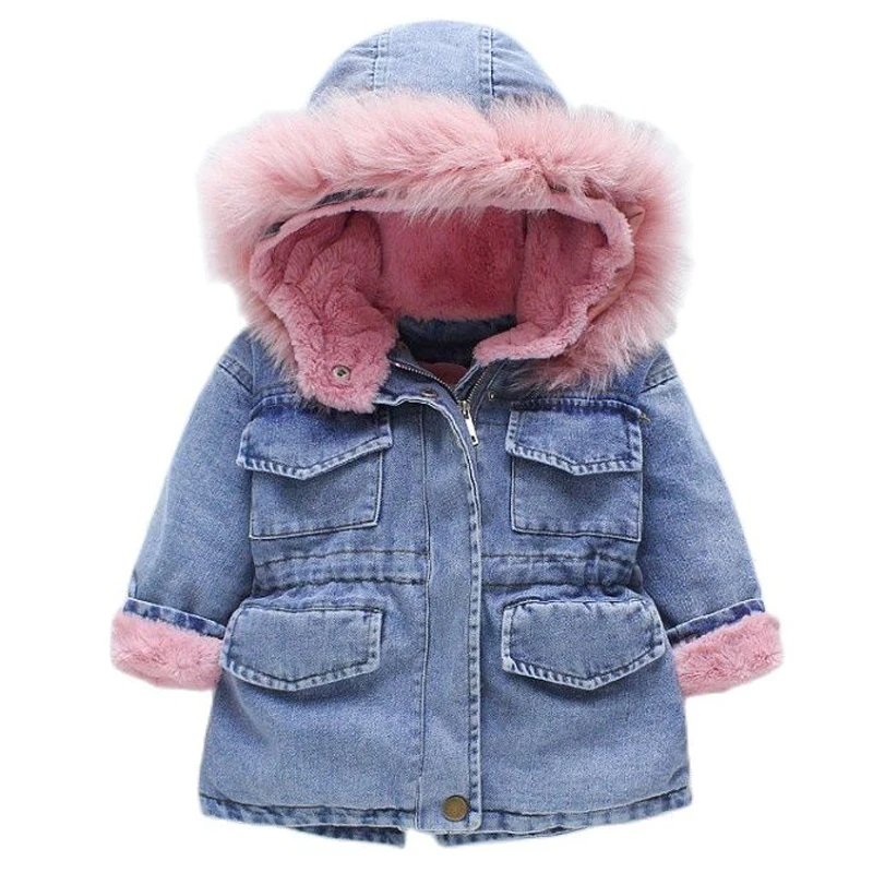 New Winter Denim Jackets for Girls Cotton Coat 2023 New Fashion Thick Hooded Plush Princess Overcoat Kids Baby Girl Denim Coat