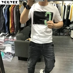 Men's Short Sleeve T-shirt Letter Personality 2021 Summer New Fashion Slim Elastic Bright Color Cotton Trend Handsome Male Tees