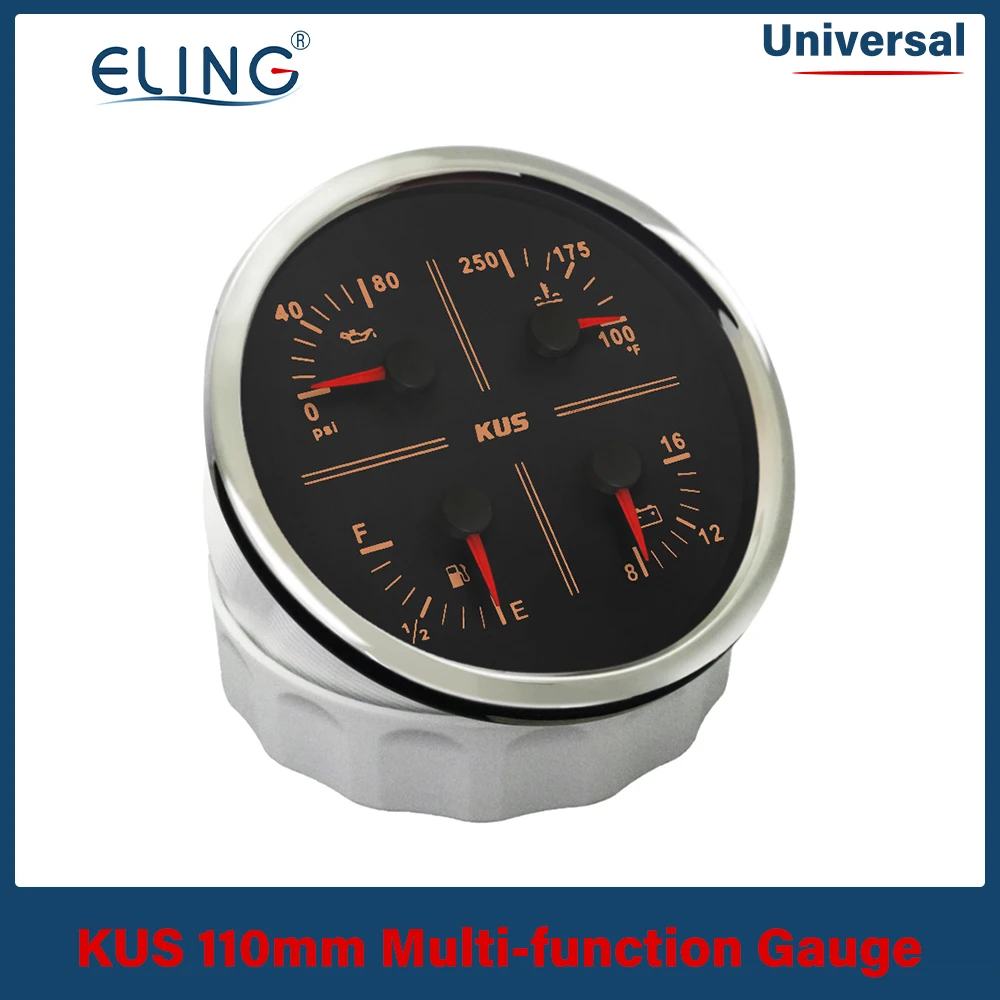 KUS 110mm Multi-functional 0-6000RPM Tachometer Oil Pressure Fuel Level Water Temp 12V Voltmeter with Red Yellow Backlight