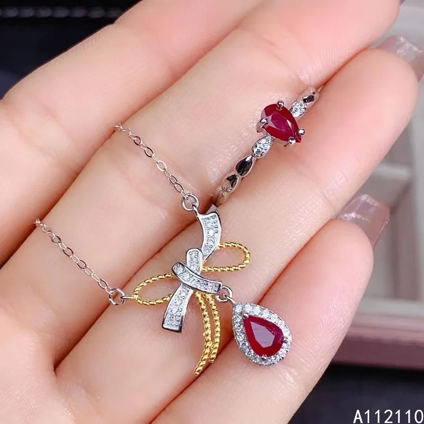 

Fine Jewelry 925 Pure Silver Inset With Natural Gem Women's Luxury Classic Water Drop Ruby Pendant Adjustable Ring Set Support D