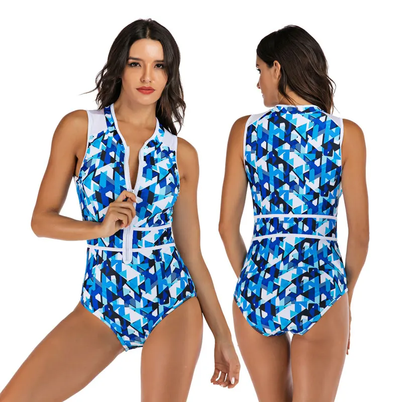 Geometric Printed Sleeveless Bathing Suits for Women, Zip Front, One Piece Swimsuit, High Neck Rash Guards, Tummy Control