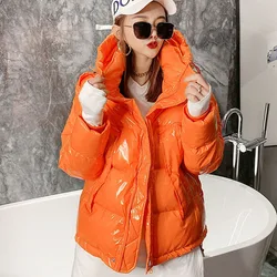 2024 Winter Korean Women Hooded Glossy Cotton Coat Candy Color Drawstring Long Sleeve Yellow/orange Winter Parkas Female Outwear