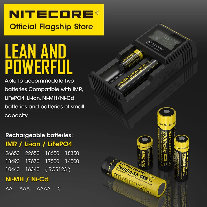 NITECORE D2 Smart Battery Charger 18650 Dual Slot Intelligent Digicharger For Li-ion IMR LiFePO4 22650 14500 AA AAA, Car Charger