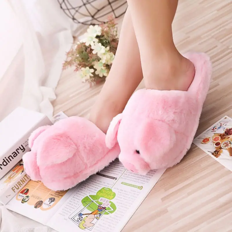 Women Winter Pink Pig Animal Cartoon Plush Slippers Non-Slip Furry Shoes