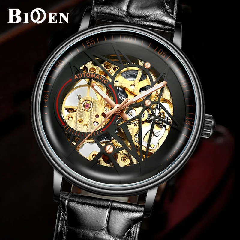 Automatic Mechanical Watches Men Watch Luxury Black Gold Skeleton Reloj Self Winding Brown Royal Male Clock BIDEN Heren Horloge