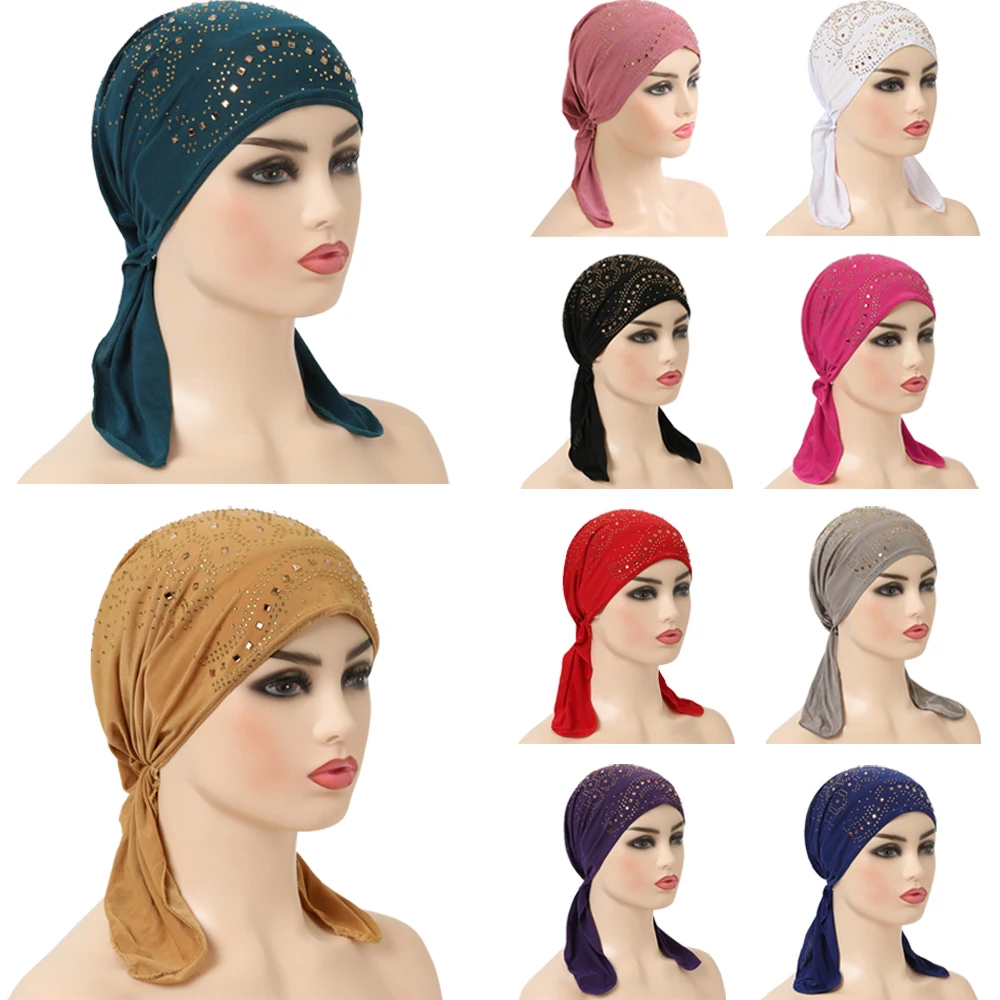 Women Muslim Hat Rhinestone Turban Indian Beanie Inner Cap Cancer Chemo Islamic Arab Bonnet Elastic Headwear Hats Caps Ladies