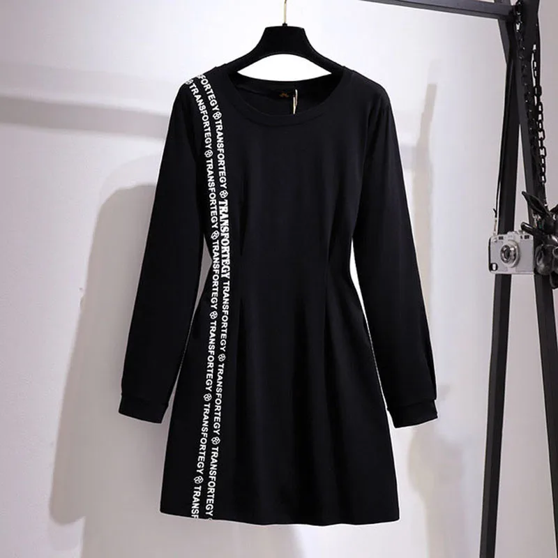 

150Kg Plus Size Women's Spring Autumn Long Sleeve Letter Waist Dress Bust 153cm 5XL 6XL 7XL 8XL 9XL Loose Slim Cotton Dress