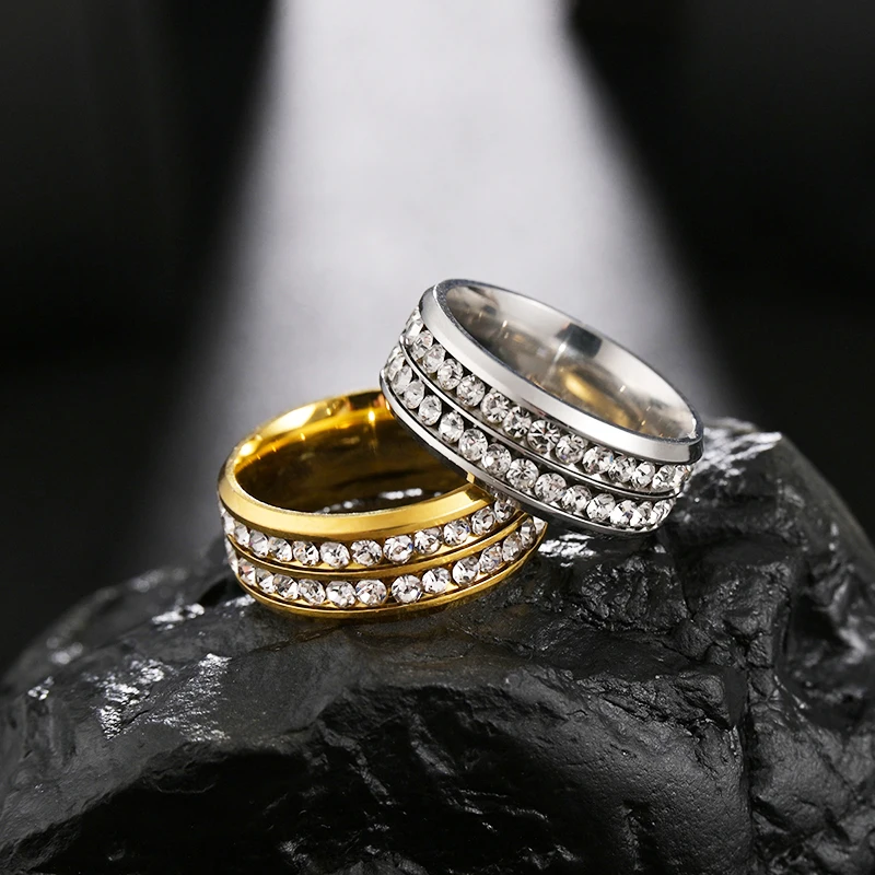 Letdiffery New Two Rows White Stones Weddings Ring Classical Stainless Steel Lover Couple Rings Valentine\'s Anniversary Gifts