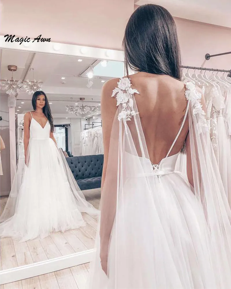 Magic Awn Simple 2021 abiti da sposa spalline da spiaggia Appliques di pizzo abiti da festa di nozze bohémien abiti con lacci sul retro