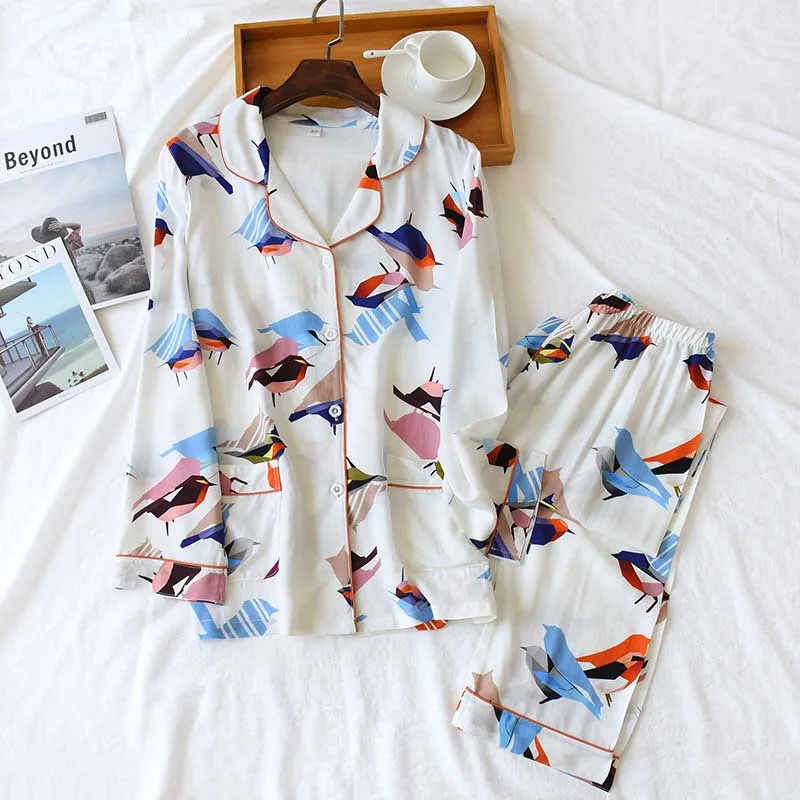 Spring And Summer New Ladies Pajamas Set Simple Style Floral Printed Loose Sleepwear Women Full Cotton Cardigan+Pants Homewear