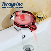 Torayvino Luxury LED bathroom faucet Waterfall faucet Spout Chrome Basin taps Contemporary Square Sink Deck Mounted Mixer Tap