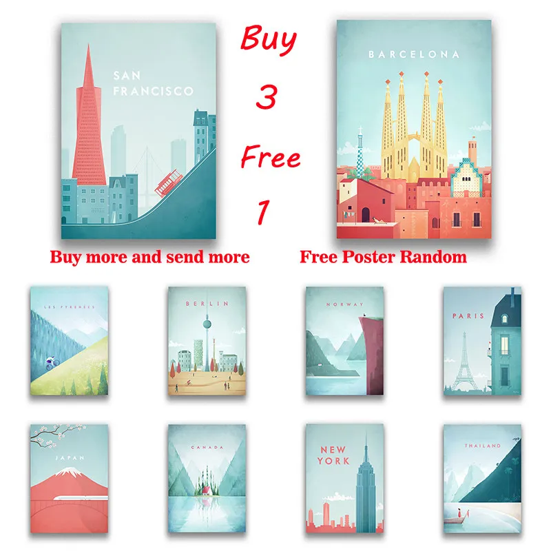 City Travel posters Landscape Illustration Landmark white coated paper Paintings Wall Art Pictures for Living Room Bar Decor