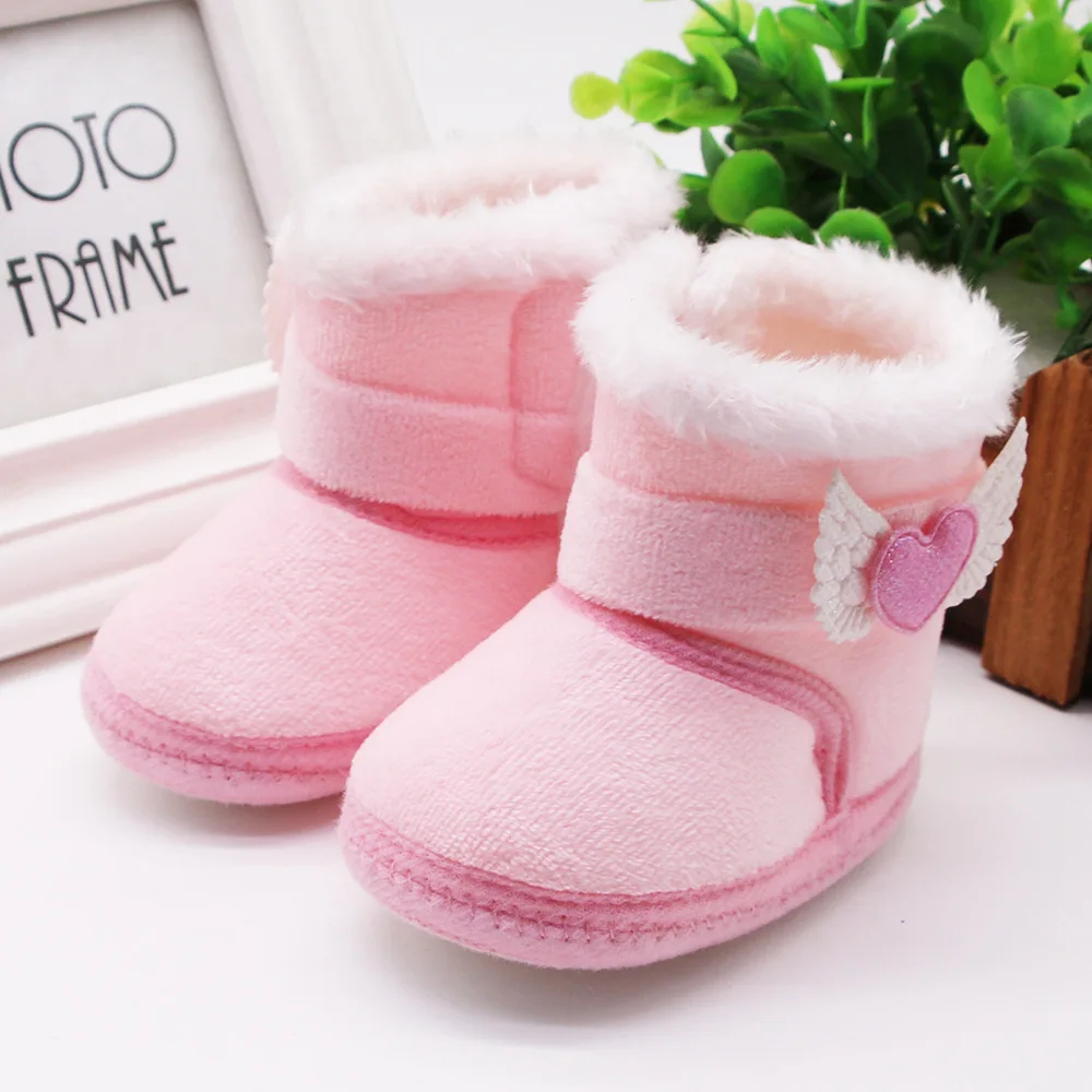 Newborn Baby Girl Plush Snow Booties Keep Warm Shoes Non-Slip Sneaker Walking Soft-Soled Breathable Heart Wings First Walkers