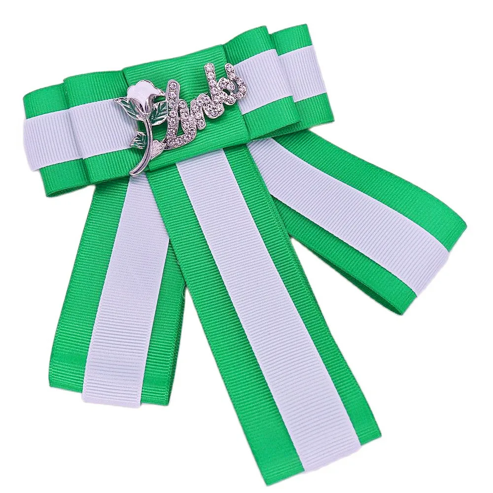 Feito à mão duas camadas branco tecido de fita verde laço grego sociedade bowknots fundada ano 1946 links incorporados laço broche
