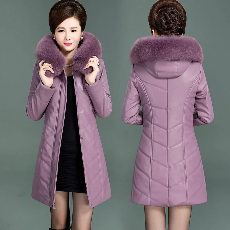 Chaqueta de cuero PU con cremallera para mujer, abrigo de invierno con cuello de piel, algodón grueso, abrigo cálido con capucha, Parkas de cuero Pu