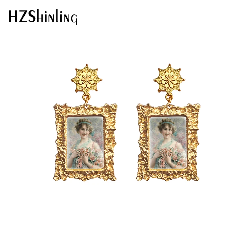 2020 New Girl with Rose Earring Flowers Women Drop Earrings Retro Mandala Charm Square Glass Dome Jewelry