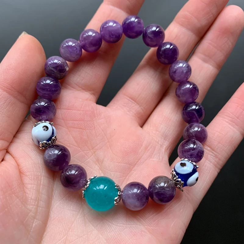 Amethyst Crystal Evil Eye Beads Stones Bracelet Turky Blue Eye Energy Healing Crystal Wrist Decor Crafts Dropship