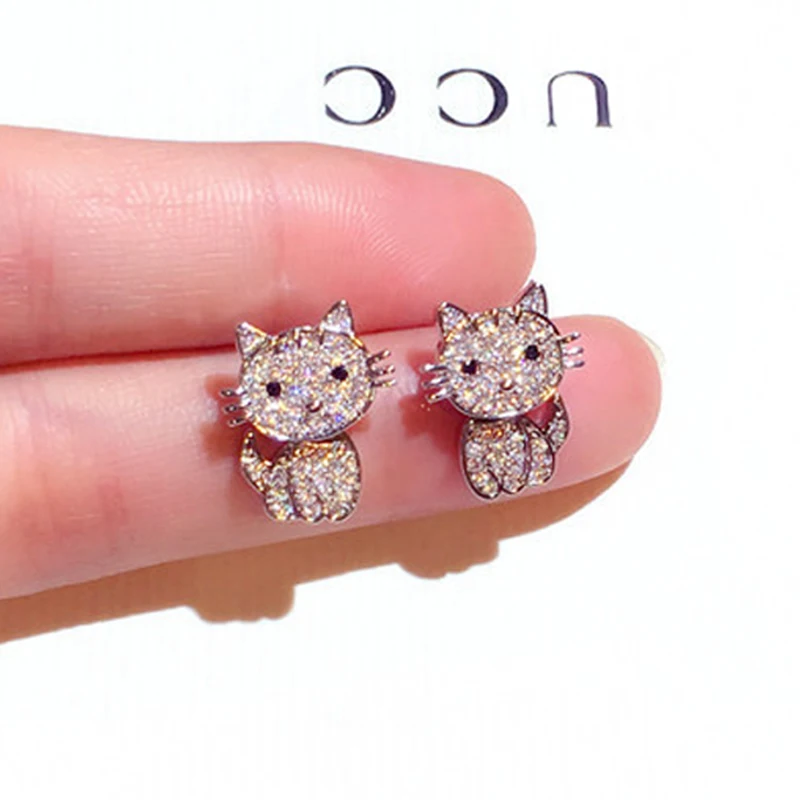 Cute Cat Exquisite Shine CZ Earring for Mujer Temperament Fashion Pave Inlaid Zircon Stud Earring Wedding Jewelry Accessories