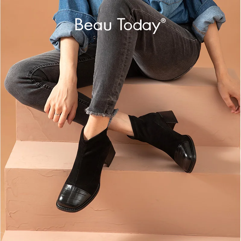 

BeauToday Ankle Boots Women Stretch Fabric Patchwork Alligator Pattern Square Toe Calfskin Winter Ladies Shoes Handmade 03837