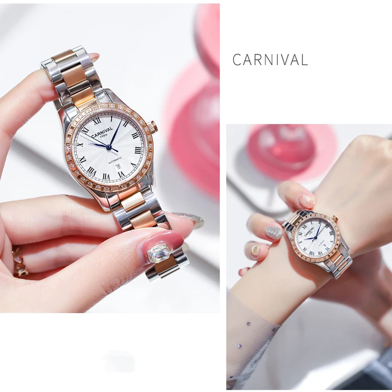 Karneval Luxus Marke Uhr Frauen Automatische Mechanische Uhren Damen Mode Diamant Saphir Kristall Wasserdicht Auto Datum 8051