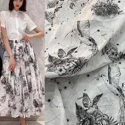 Black and White Bird/Flower/Butterfly Printed Thin Cotton Fabric For Woman Blouse Dress Tessuto En Tissu Tкань DIY Cloth Sewing