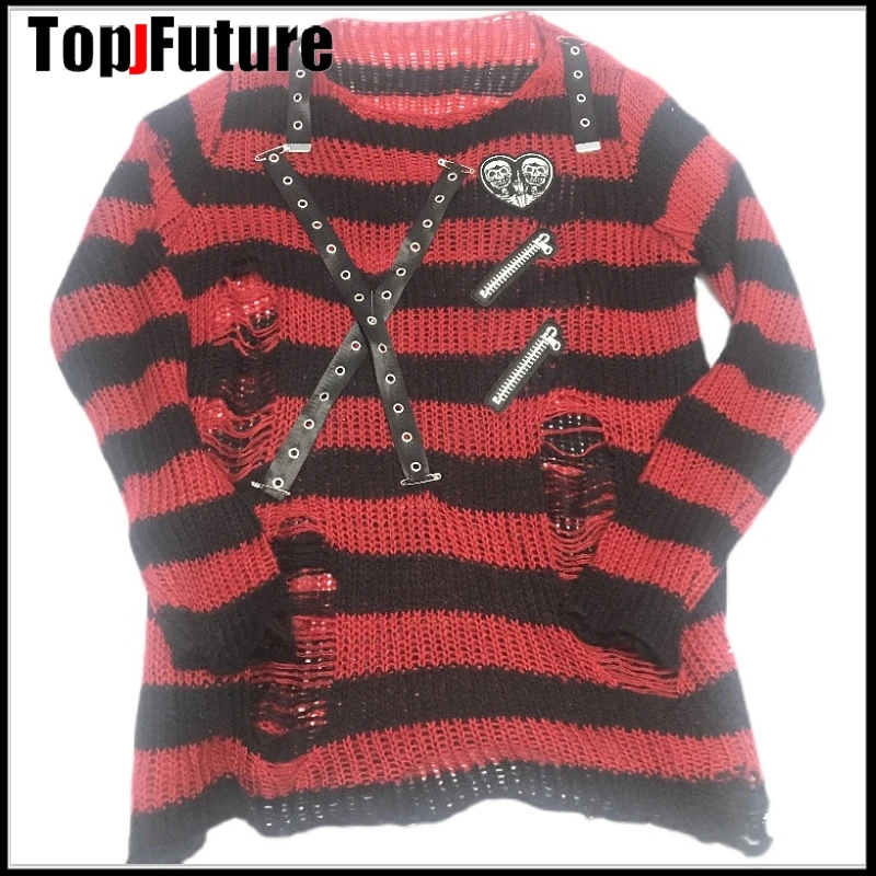 Y2K Women Girl decorat Sweater Gothic Lolita Punk Striped Knitted Sweater Loose Female Harajuku skull chain laziness clothes