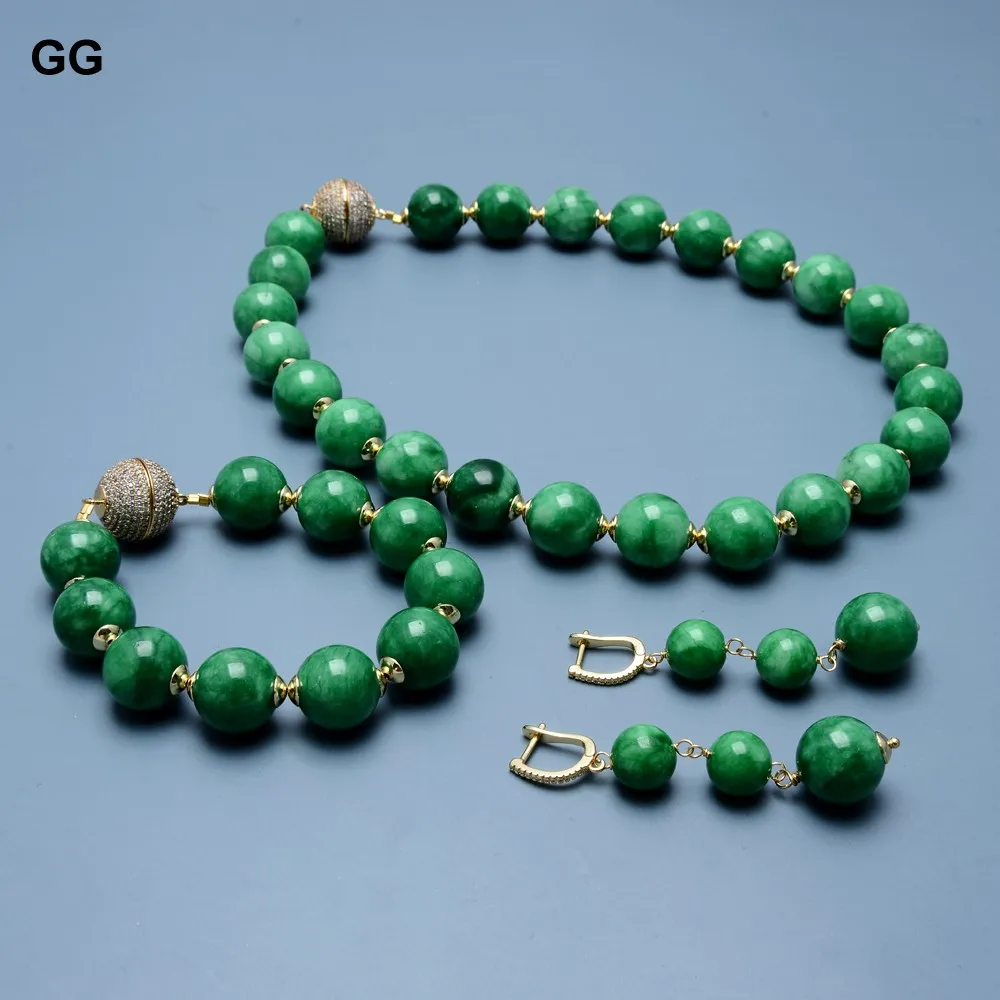 GuaiGuai Jewelry 16MM Green Jades Stone Gold Color Plated CZ Clasp Chokers Necklace Bracelet Earrings Sets Handmade For Wome