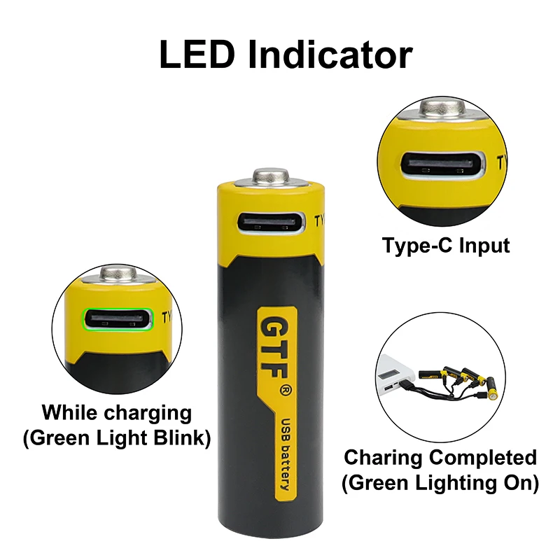 USB Type-C Charging AA battery 1.5V 1700mah 2550 mWh Lithium ion Battery 4 in 1 USB Type C Charg Cable LED Charging Indicator