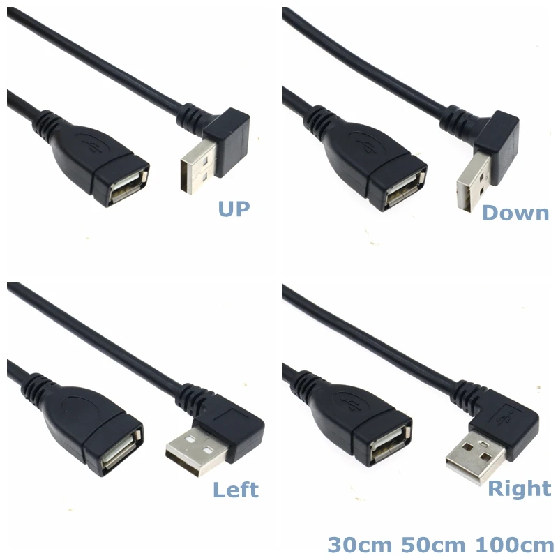 Prawo/lewo/dół/góra 90 stopni kąt USB 2.0 A rozszerzenie męskie i żeńskie przedłużacz z adapterem komputerowy przedłużacz USB 0.3m