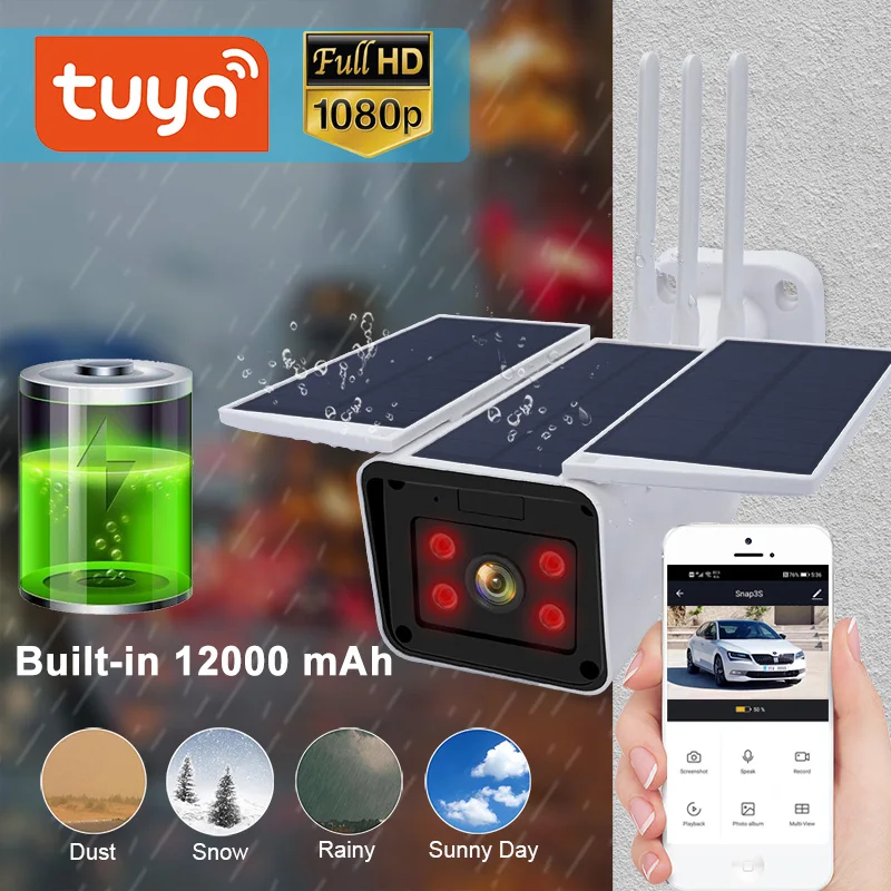 TUYA 1080P Solar Camera Outdoor Waterproof Wireless Battery Camera Night Vision Two Way Audio built-in 12000mAh Smart Life APP