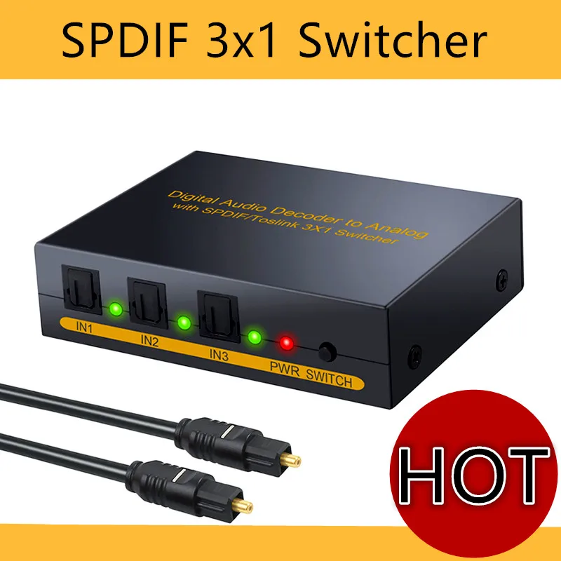 

SPDIF Digital Optical Audio Switcher 3x1 SPDIF Toslink Switch Box with Optical Cable Three Input One Output Audio Switcher