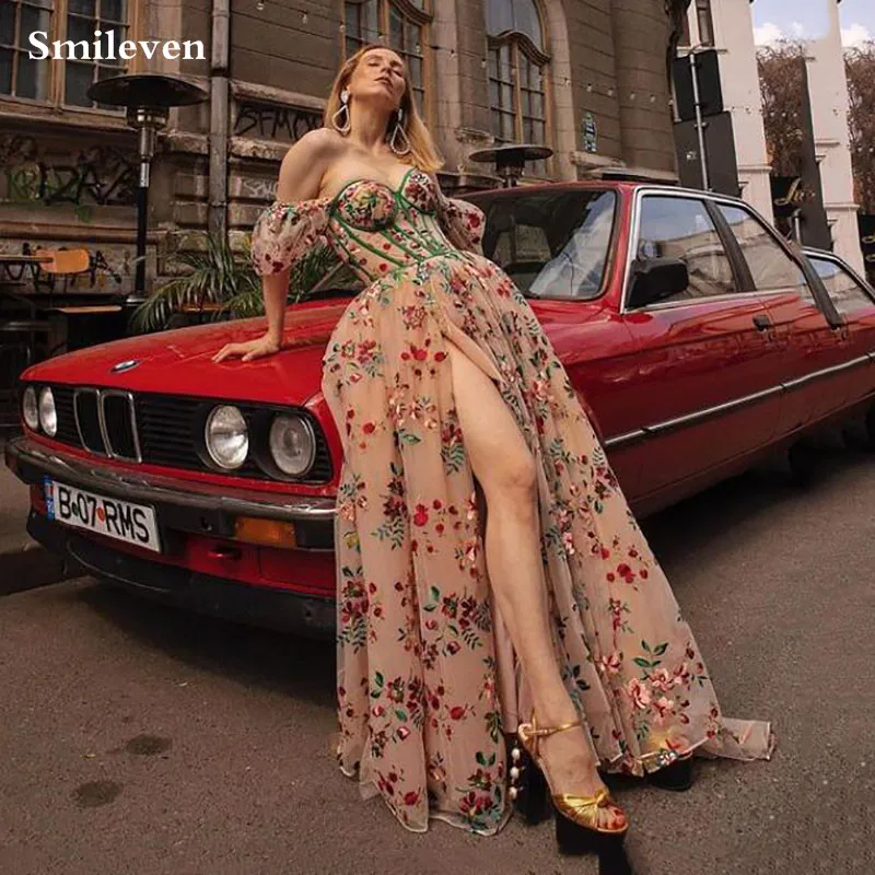 Smileven New Embroidery Flowers A Line Sweetheart Neck Prom Dress Off The Shoulder Side Split Corset Evening Dresses Party Gowns