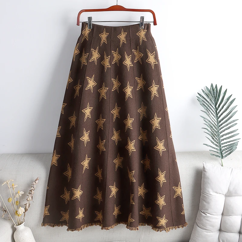 Croysier Woman Skirts Contrast Color Star Pattern Casual Skirt 2021 Elastic High Waist Frayed Hem A Line Knit Midi Skirt Women