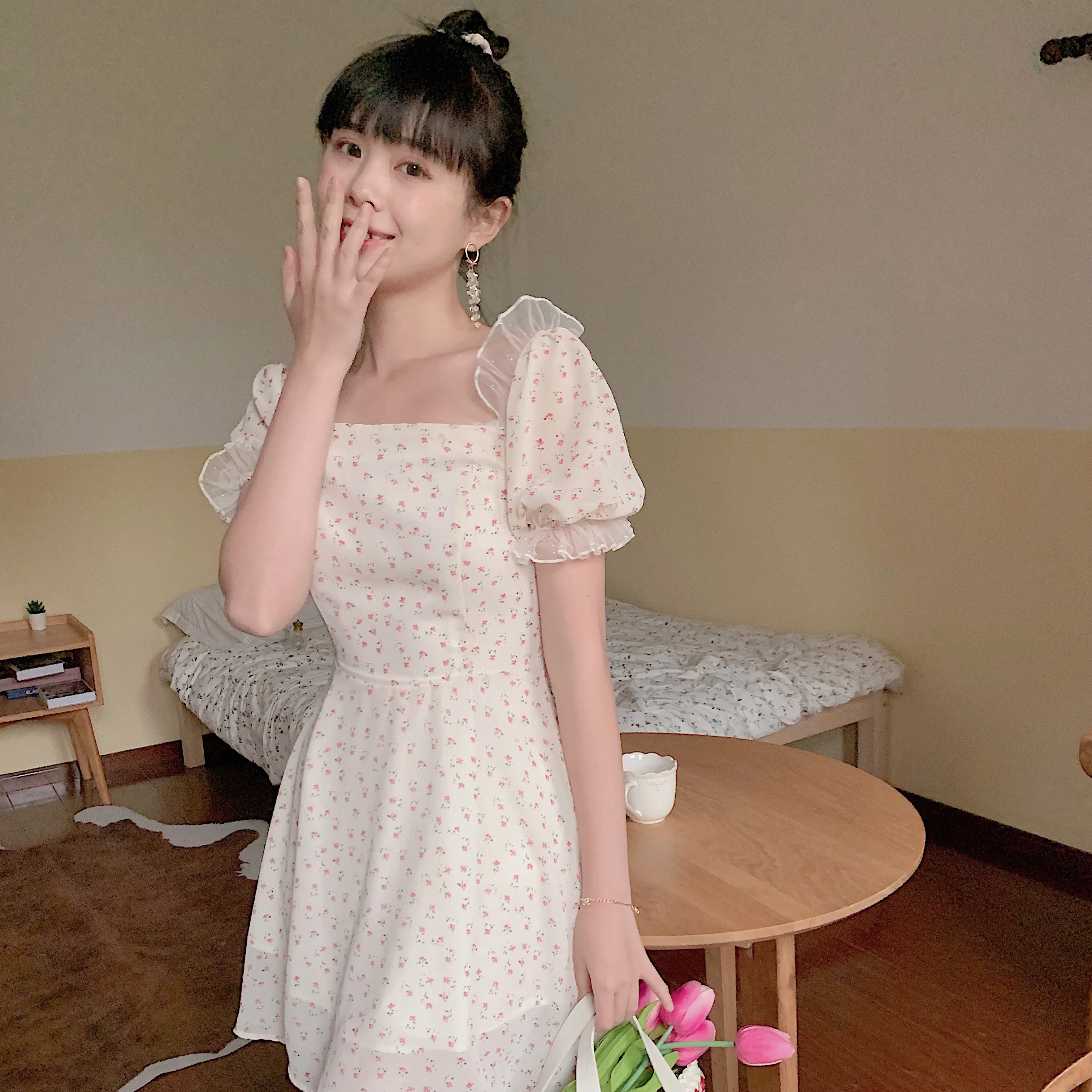 Lolita Cô Gái Hoa Ngọt Ngào Đầm Mori Tươi Cổ Vuông Phối Tay Phồng Đầm Falbala Cao Cấp Victoria Đầm Kawaii Cô Gái Gothic